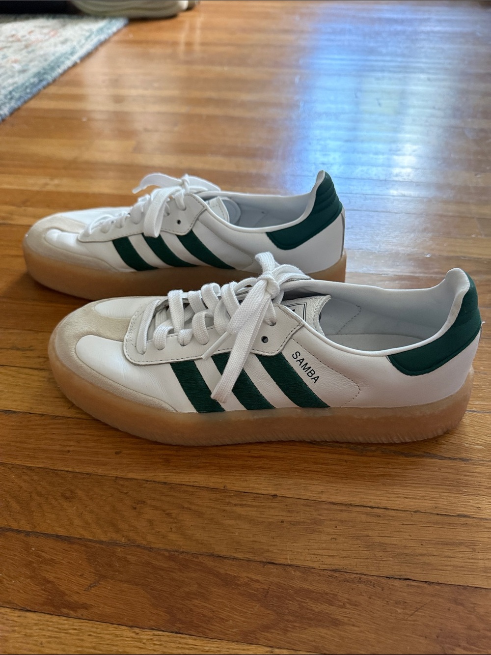 adidas White Platform Samba Sneakers with Green Stripes - Picture 3 of 7